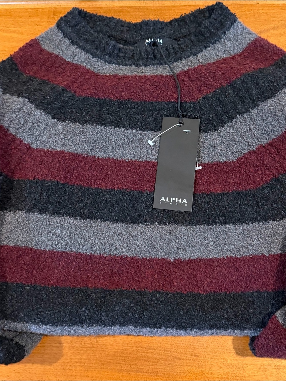 Alpha Studio Women's Striped Bouclé Sweater in Burgundy, Charcoal & Black
